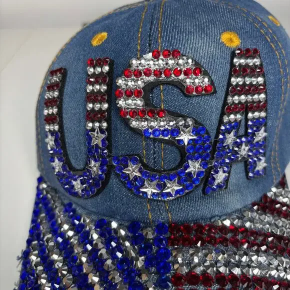 USA Denim Bedazzled Rhinestone American Flag Distressed Baseball Hat Cap NWT NEW - Picture 5 of 11